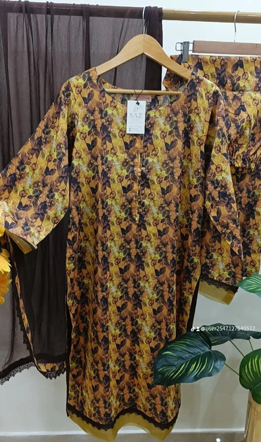 3 Piece Lawn Printed Suit - Autumn Rose