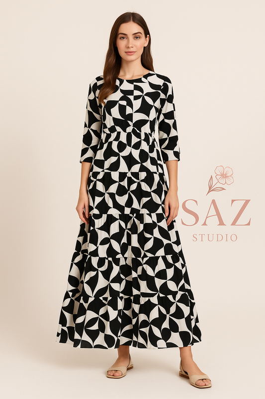 Monochrome Muse | 5-Layer Grip Georgette Maxi Dress